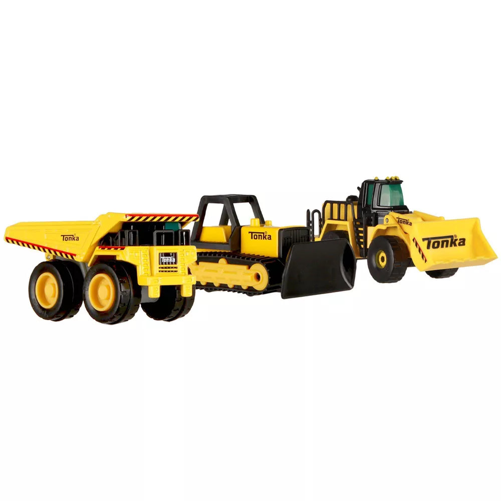 Tonka Metal Movers 3pk featuring a yellow dump truck, bulldozer, and front loader with detailed design and free spinning wheels.