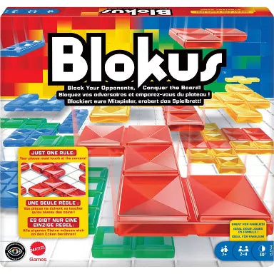 Blokus board game box showing colorful translucent pieces on a grid for fun family strategy play