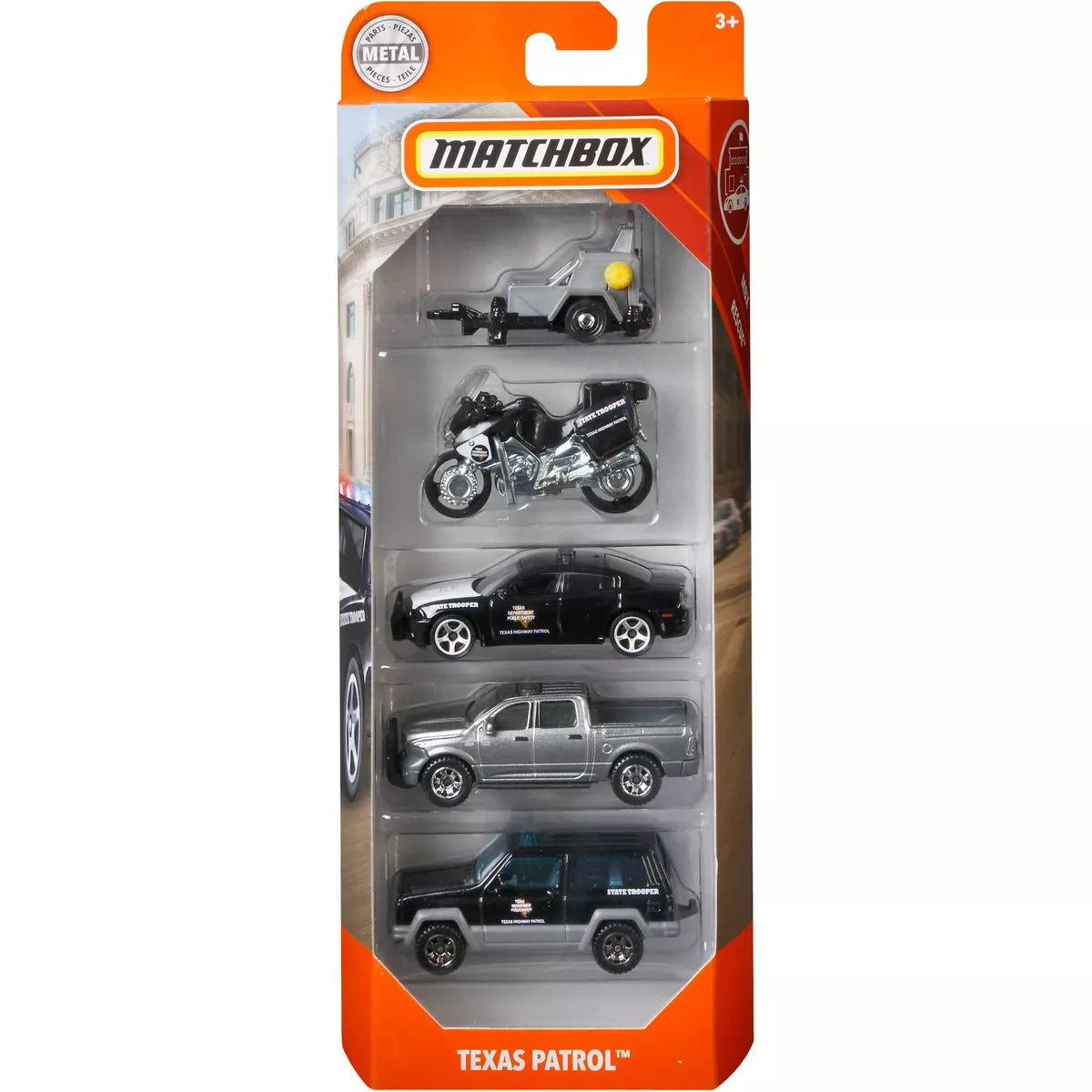 Matchbox Cars 5pk featuring five detailed miniature vehicles including a motorcycle and various patrol cars in packaging.
