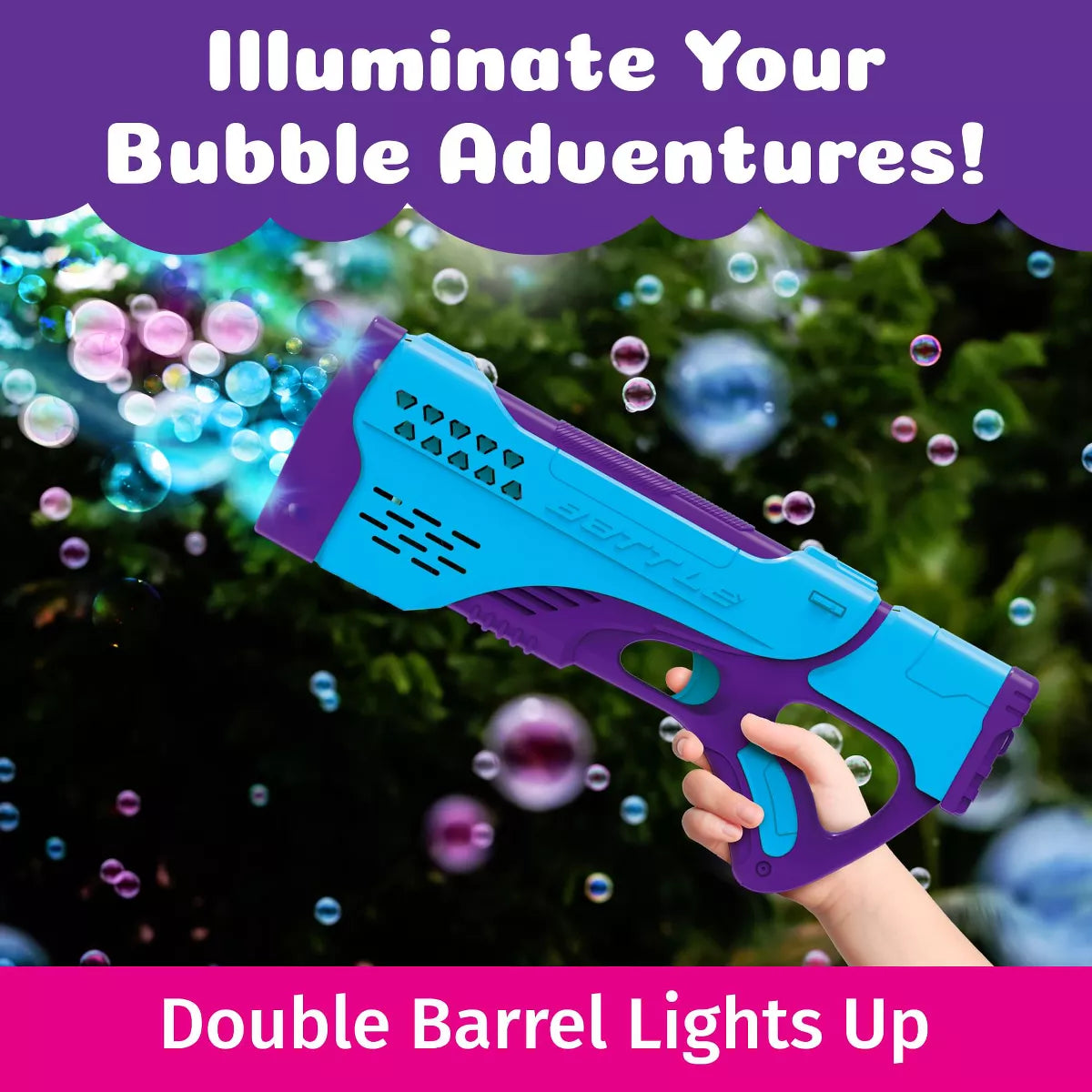 PoppinColorz Spectra Bubble Blaster in blue and purple with double-barrel lights shooting colorful bubbles.