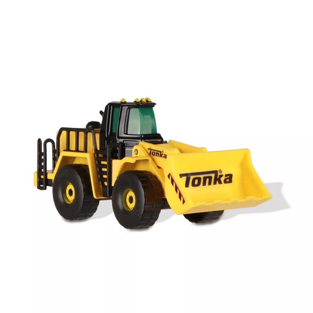 Tonka Metal Movers 3pk yellow front loader toy vehicle with free spinning wheels for imaginative play.