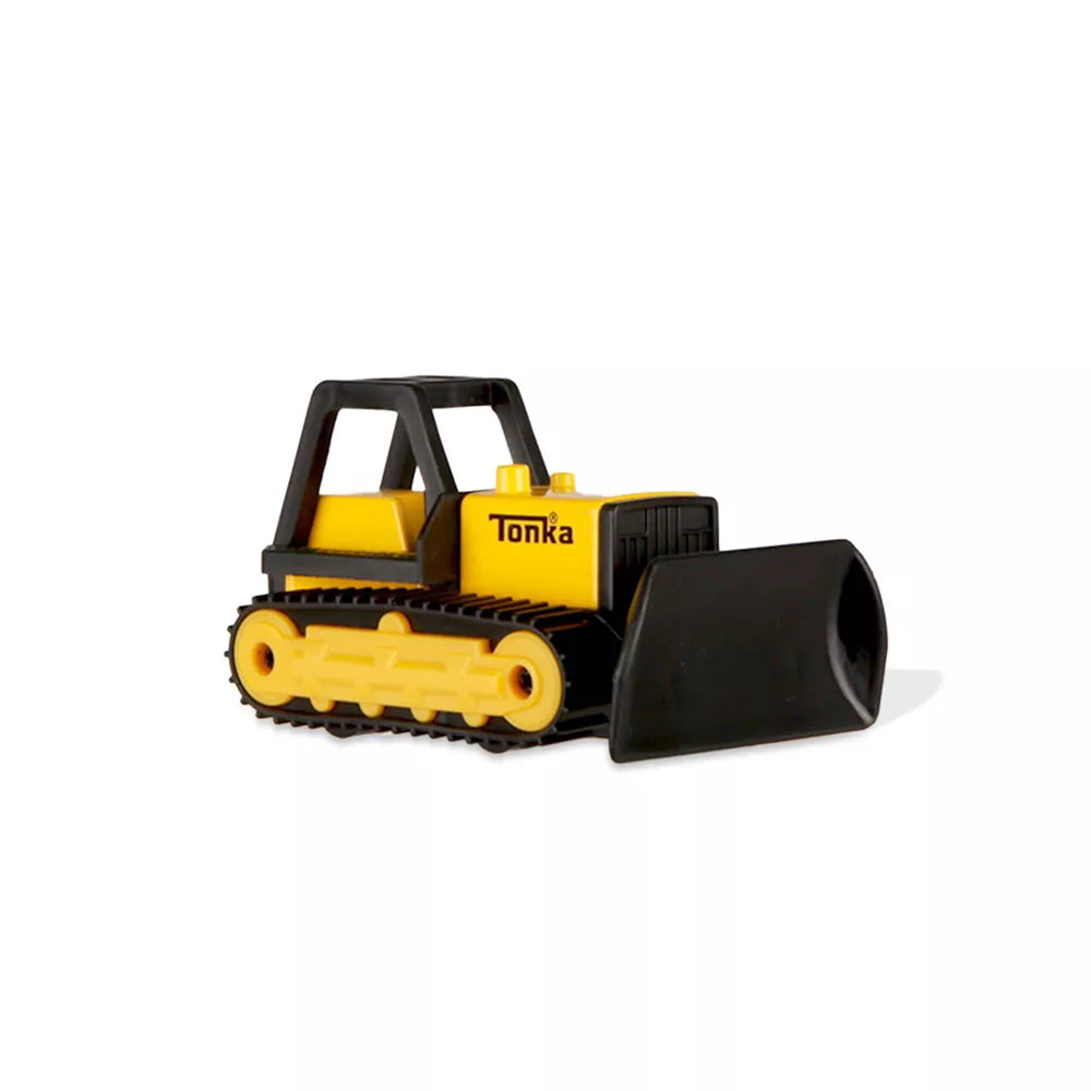 Tonka Metal Movers 3pk bulldozer toy vehicle with yellow and black metal design and free spinning wheels for kids.