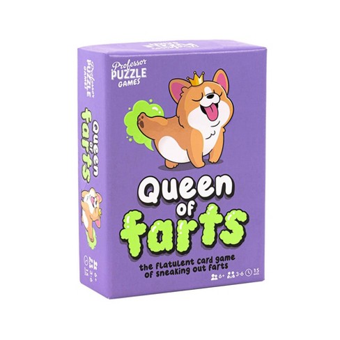 Purple box of Queen of Farts card game featuring a cartoon dog wearing a crown and green gas clouds.