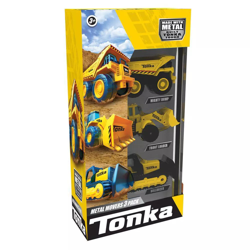 Tonka Metal Movers 3pk includes a Mighty Dump, Front Loader, and Bulldozer with durable metal build and spinning wheels.