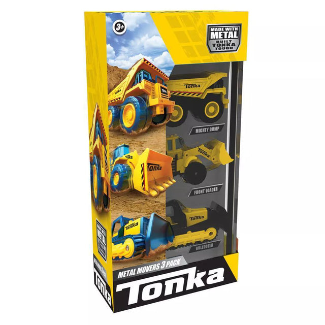 Tonka Metal Movers 3pk includes a Mighty Dump, Front Loader, and Bulldozer with durable metal build and spinning wheels.