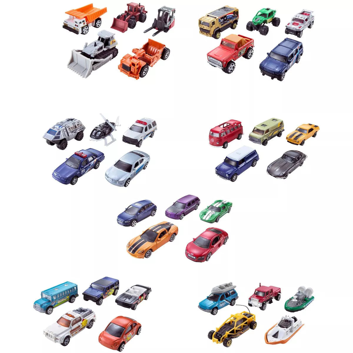 Matchbox Cars 5pk featuring a variety of detailed vehicles including construction, rescue, and adventure themes for kids aged 3+.