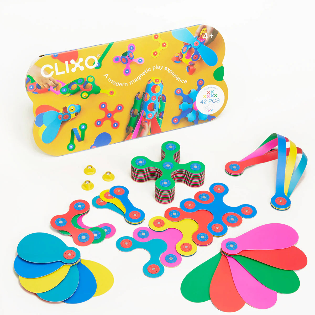 Clixo | Rainbow Pack with 42 colorful magnetic pieces including spinners for creative building and STEAM play.