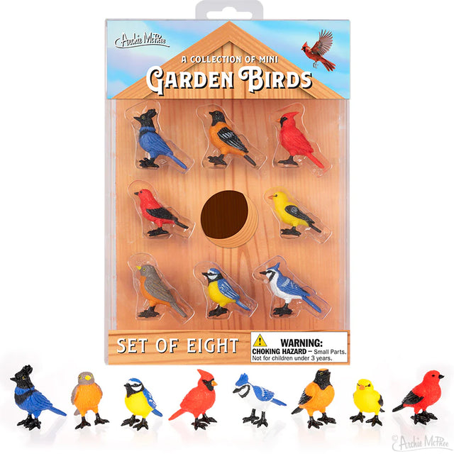A Collection of Mini Garden Birds set showing eight colorful soft vinyl mini birds with fun details in birdhouse packaging.
