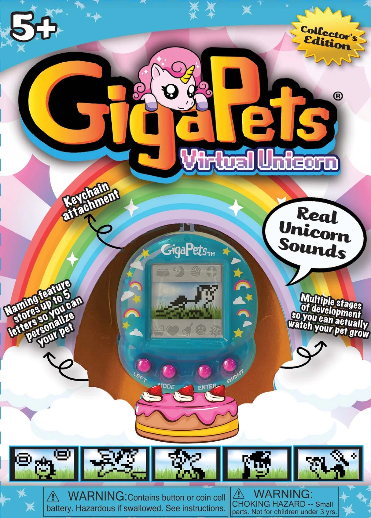 GigaPets Virtual Unicorn nostalgic digital pet toy with keychain and real unicorn sounds in collector's edition packaging