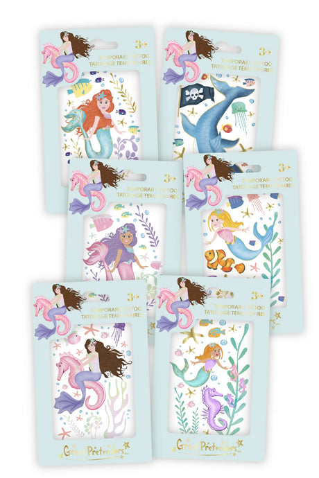 Mermaid Tattoo packs featuring assorted colorful mermaid styles and ocean-themed temporary tattoos for kids.