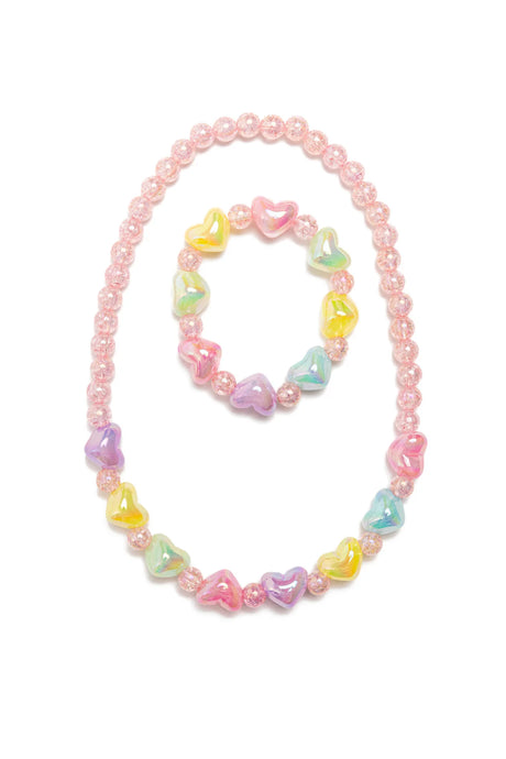 Bauble Bliss Necklace & Bracelet Set with light pink and colorful heart-shaped beads for playful charm.