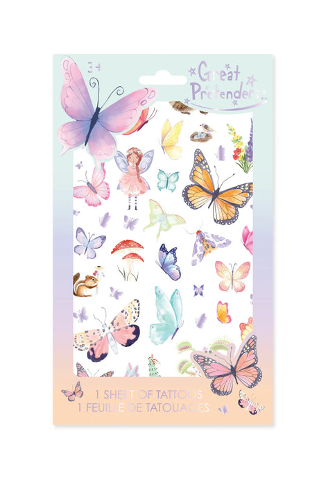 Float Like A Butterfly Tattoos sheet with colorful butterfly and fairy temporary tattoos for kids ages 3 and up.