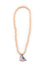 Spring Bluebird Necklace featuring peach-colored beads and a charming bluebird pendant with floral accents.