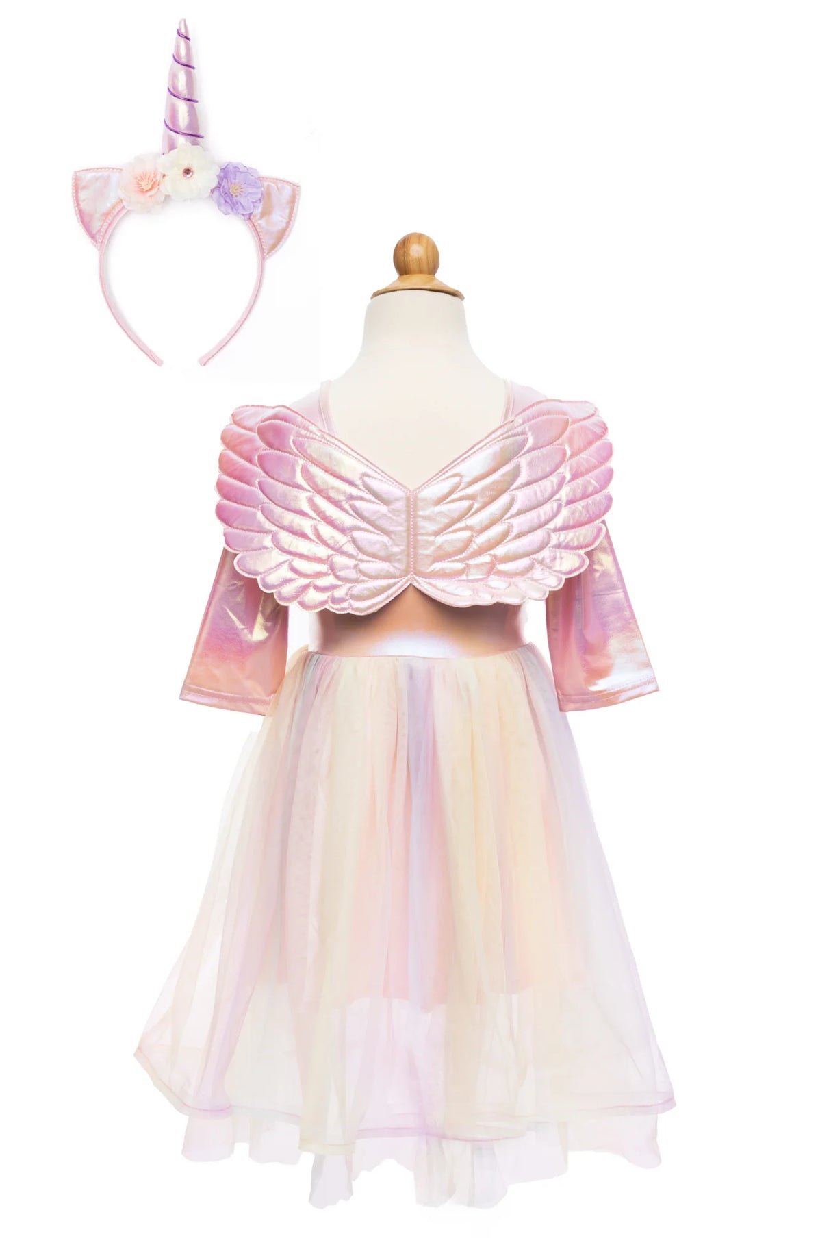 Alicorn Dress & Wings & Headband with iridescent fabric, winged bodice, tulle skirt, and unicorn horn headband for kids.