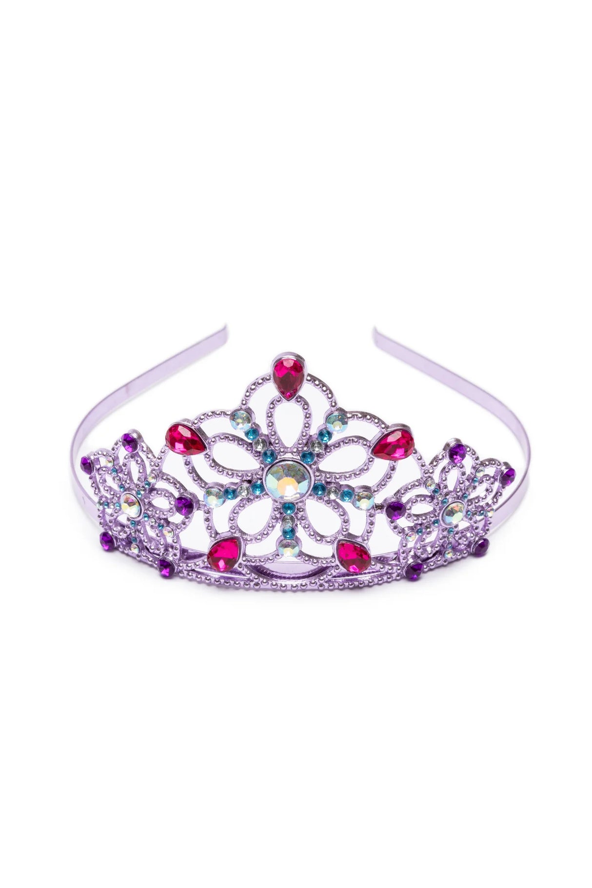 Be Jewelled Tiara with lilac metal, decorated with multicolored faux rhinestones and pink gem detailing.