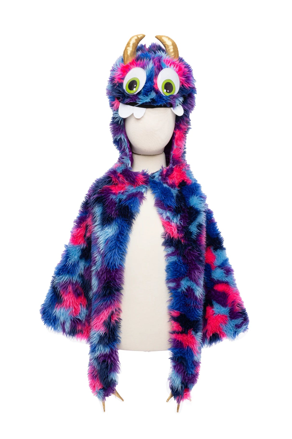 Goober the Monster Cape in bright blue, pink, and purple with googly eyes, gold horns, and a velcro closure.