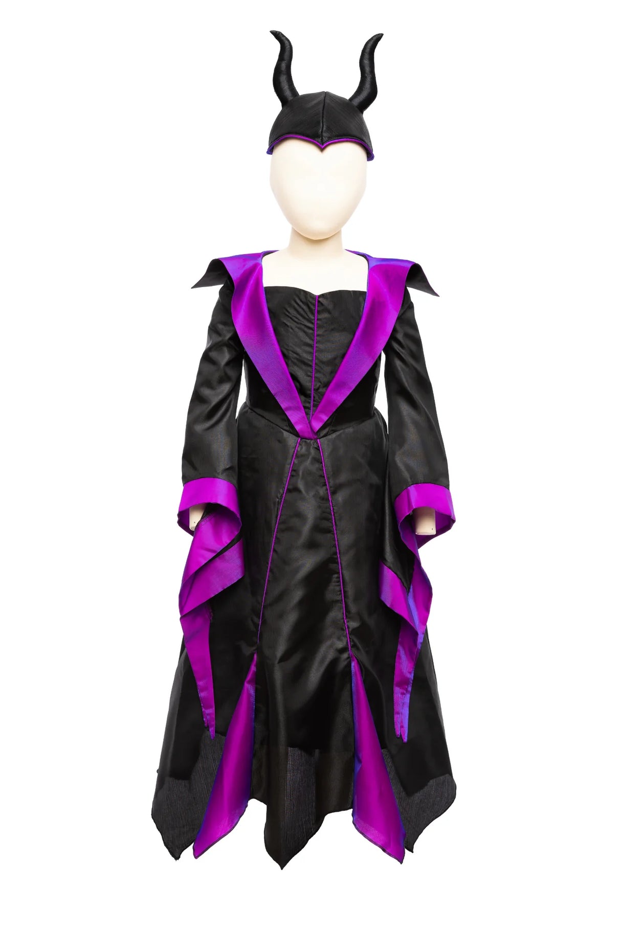 Villian Princess Dress & Headpiece Size 5-6 in black and purple with long bell sleeves and horned headpiece.