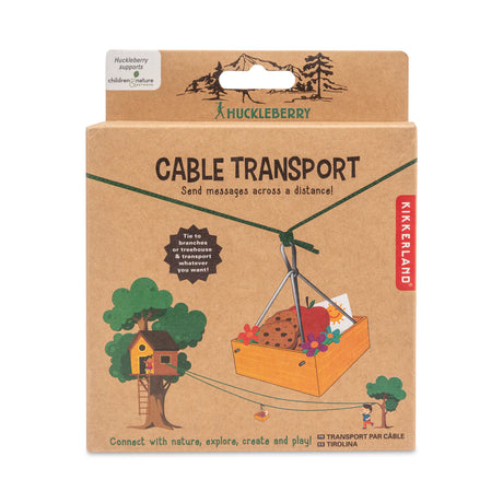 Huckleberry Cable Transport packaging showing a cable system to send messages across distances with nature-themed design.