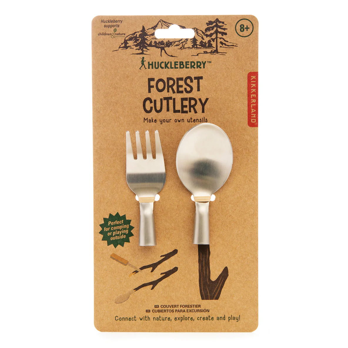 Huckleberry Forest Cutlery stainless steel fork and spoon set with wooden handles for kids’ creative utensil making.