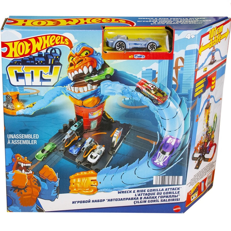 Hot Wheels City Set featuring a fierce gorilla attack playset with cars and cityscape for creative adventures.
