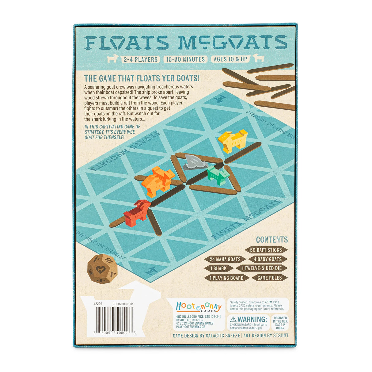 Back of Floats McGoats game box showing gameplay with colorful goat pieces and wooden sticks on a grid board.