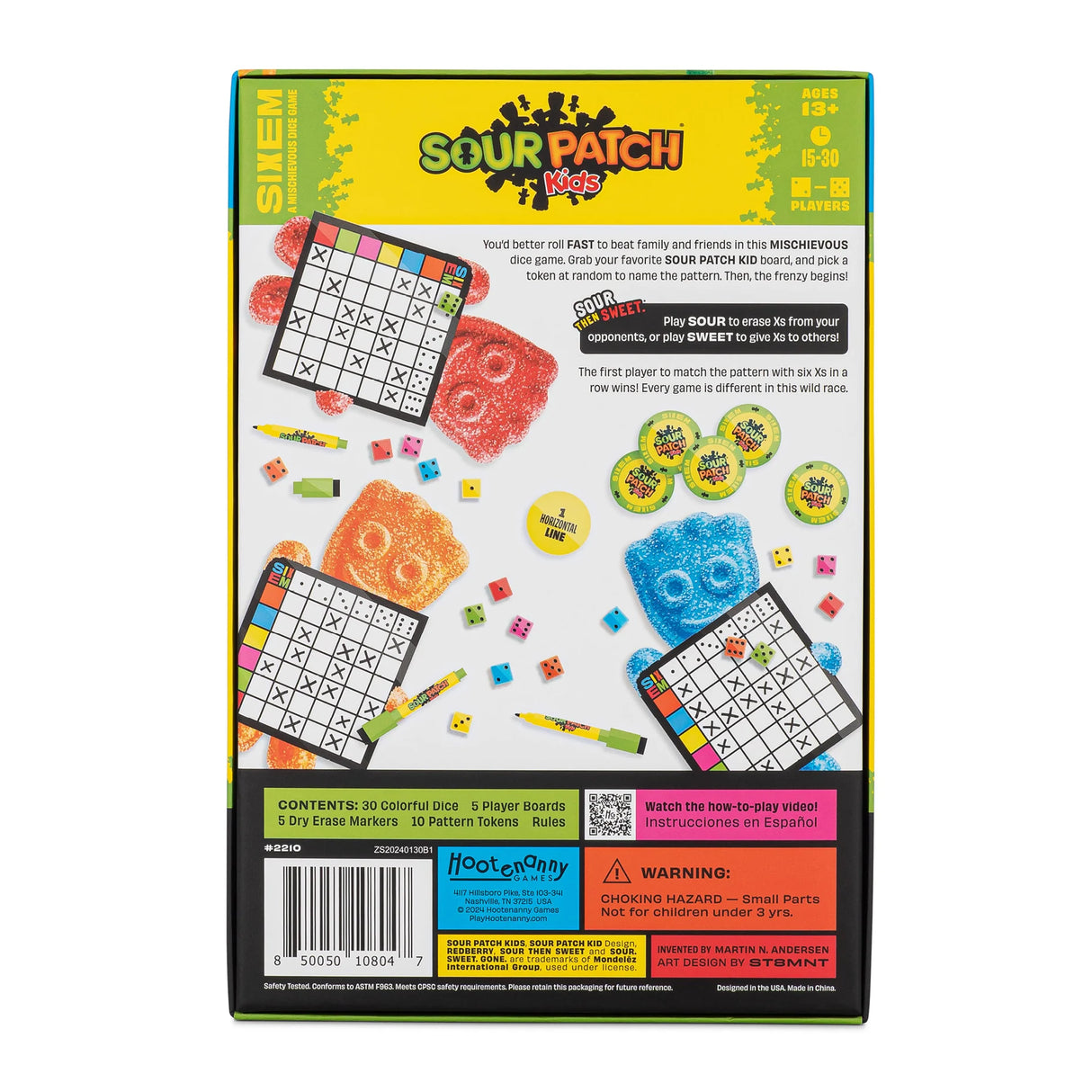 Sixem Sour Patch Kids dice game box showing colorful boards, dice, and tokens for ages 13 and up gameplay.