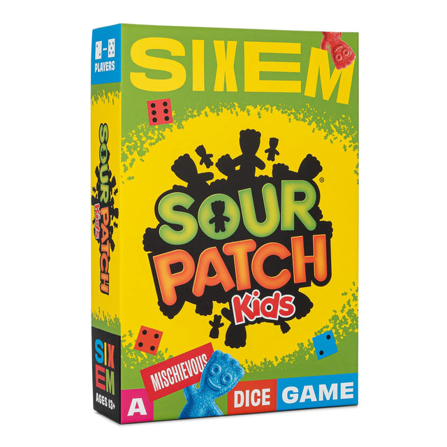 Sixem Sour Patch Kids mischievous dice game box with colorful design and sour candy character on yellow background.