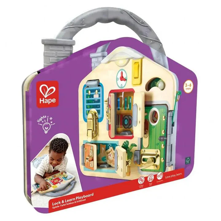 Lock & Learn Playboard with colorful locks, doors, and handle for easy carrying, promoting fine motor skills for ages 3+