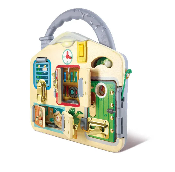 Lock & Learn Playboard with colorful doors, locks, and secret passages designed for children's imaginative play and dexterity.
