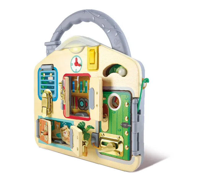 Lock & Learn Playboard with colorful doors, locks, and secret passages designed for children's imaginative play and dexterity.