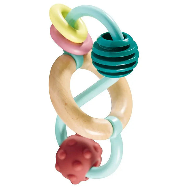 Bead Maze with wooden ring, textured infinity track, rubbery beads, and smooth discs for sensory play ages 3 months+