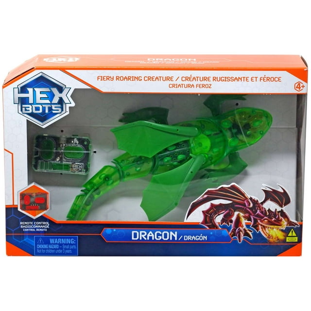 Hex Bots RC Dragon in green with remote control, flexible wings, and LED lights in retail packaging.