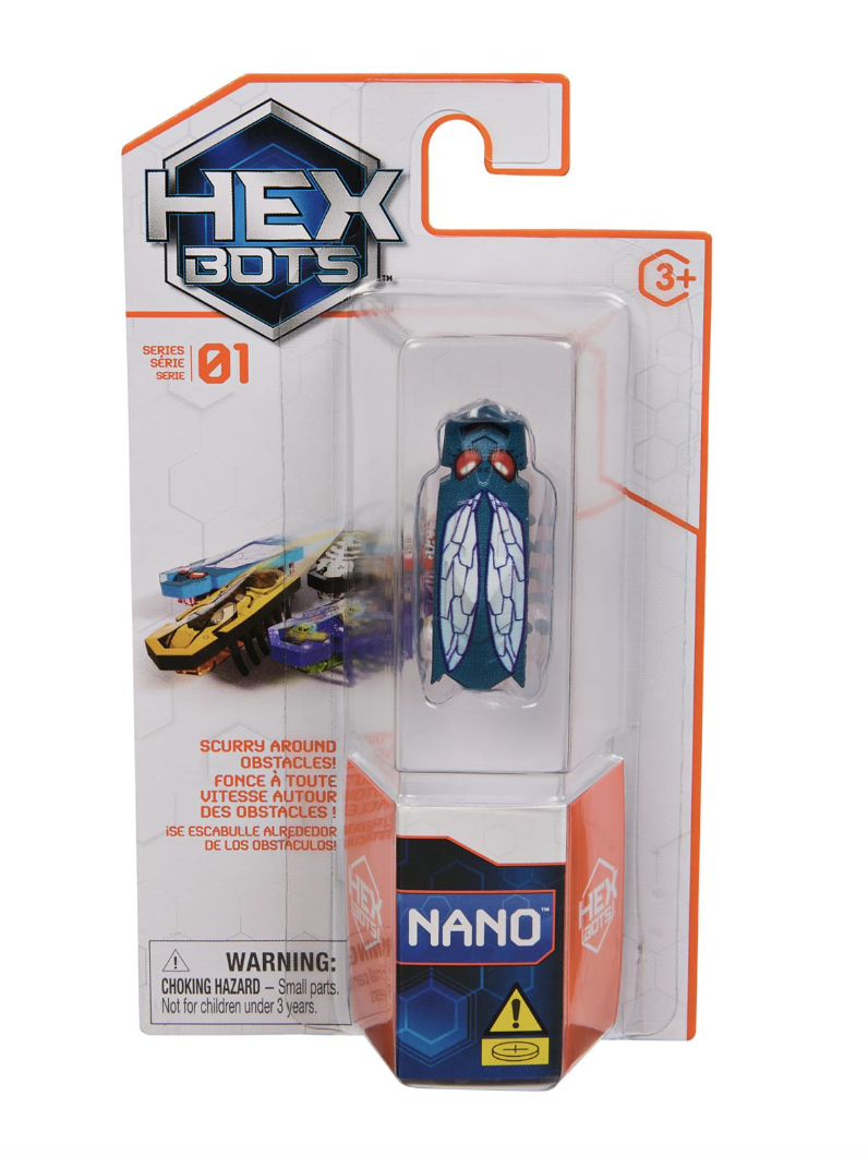 Hex Bots Nano Newton micro robotic bug toy in packaging with blue wings and red eyes for ages 3 and up