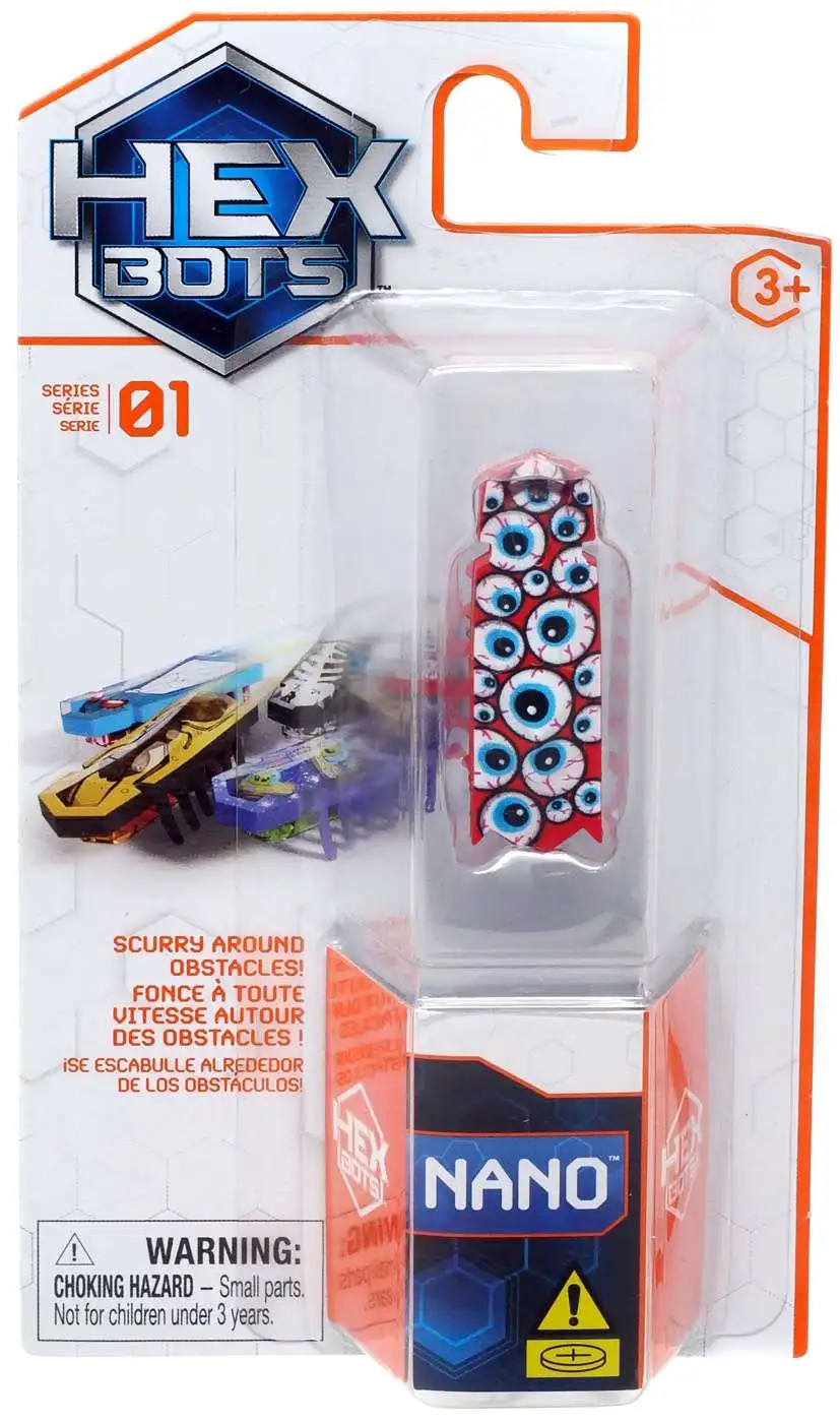 Hex Bots Nano Newton collectible micro robotic creature with vibration motion and unique eye pattern design in packaging.