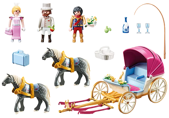 Princess | Horse-Drawn Carriage with prince, princess, coachman, two horses, carriage, and picnic accessories in castle garden setting.