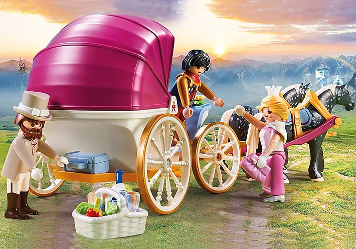 Princess | Horse-Drawn Carriage with prince, princess, coachman, two horses, and picnic accessories in a scenic castle garden setting.