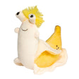 Banana Slug Vinnie plush toy with bright yellow peel, embroidered details, and playful tufted hair on white background.