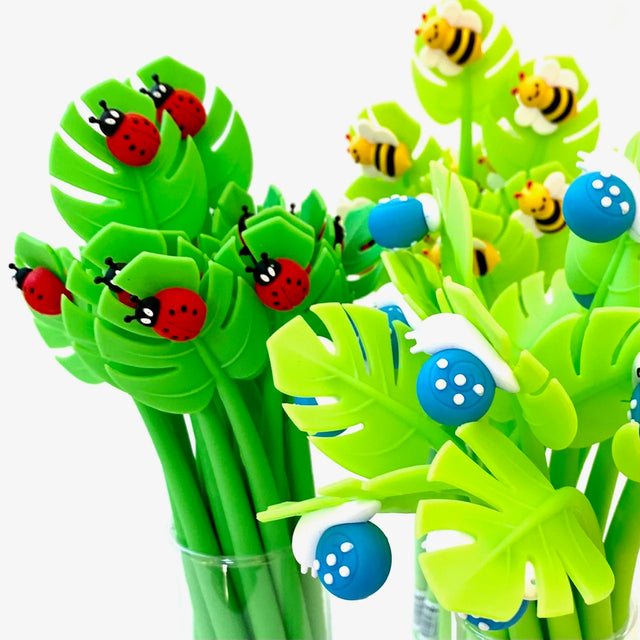 Insect Wiggle Gel Pen with fine tip featuring colorful ladybug, bee, and mushroom designs on green leaf-shaped tops.