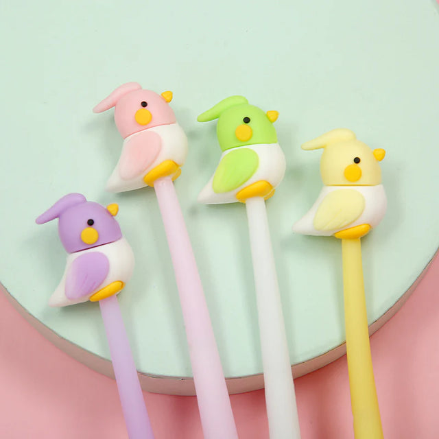 Four colorful Bird Pet Gel Pens with fine tips, featuring playful bird designs in pastel colors for writing and illustration.