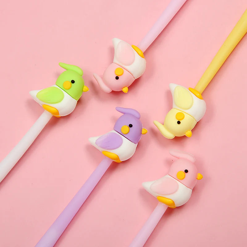 Colorful Bird Pet Gel Pen set with fine tip and assorted styles on a pink background for writing and illustration.
