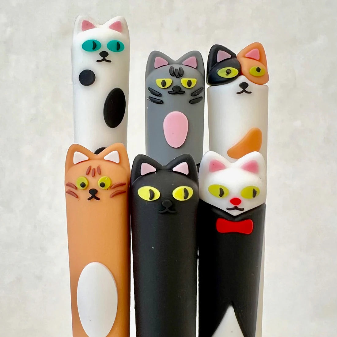 Expression Cat Gel Pen set featuring assorted fine tip gel pens with colorful cat designs and details.