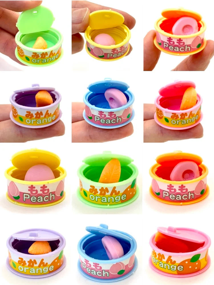 Japanese Eraser Fruit in a Can set showing colorful assorted peach and orange erasers in small cans, each held in hand.