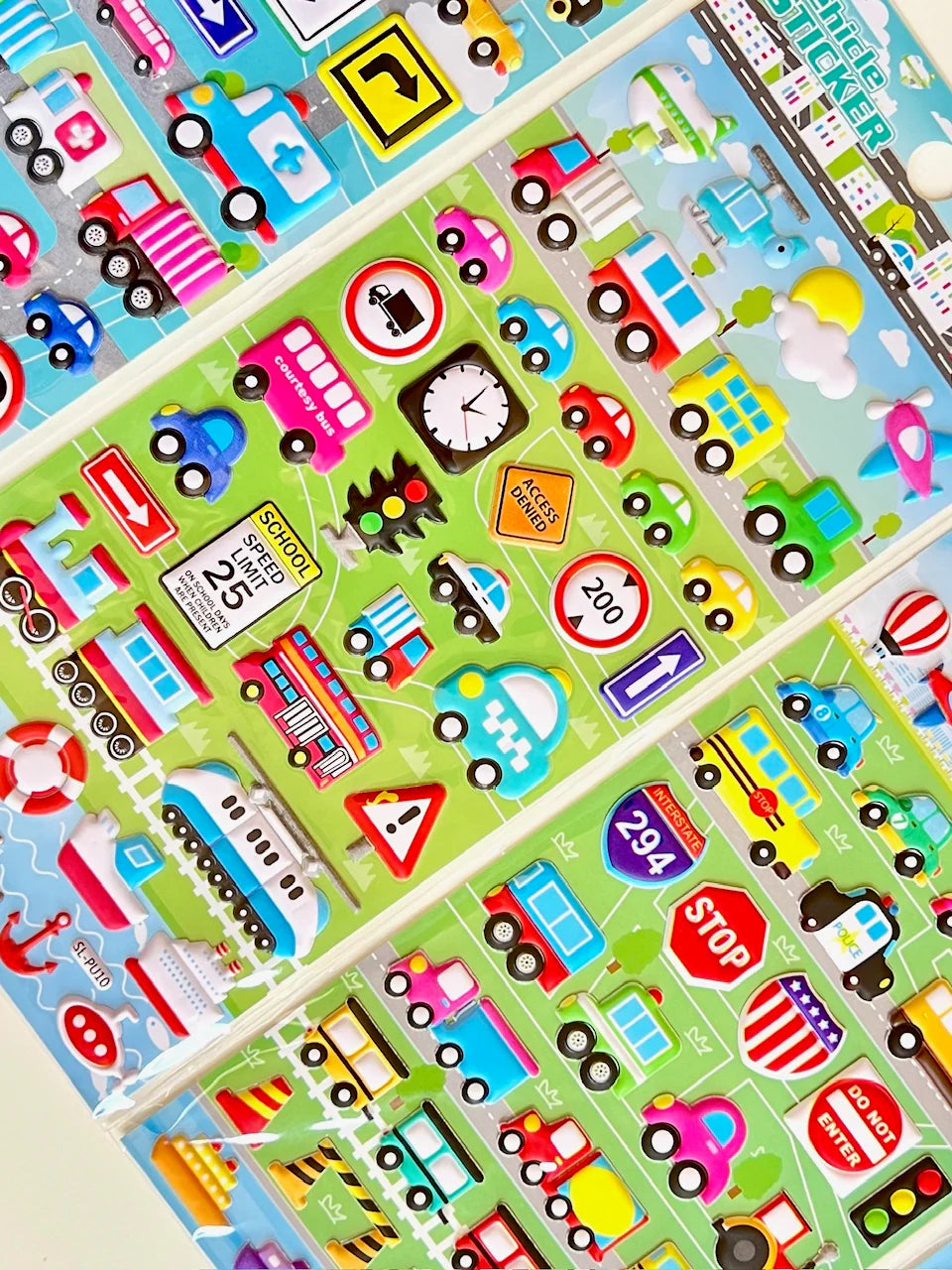 Cars Trucks & Trains Puffy Stickers featuring colorful vehicles, trains, and traffic signs for creative decorating.