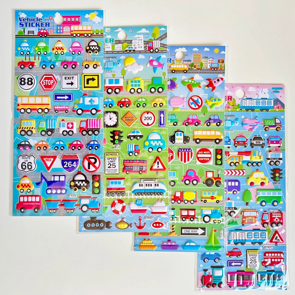 Cars Trucks & Trains Puffy Stickers featuring colorful vehicle and traffic sign designs for creative crafting and decorating.