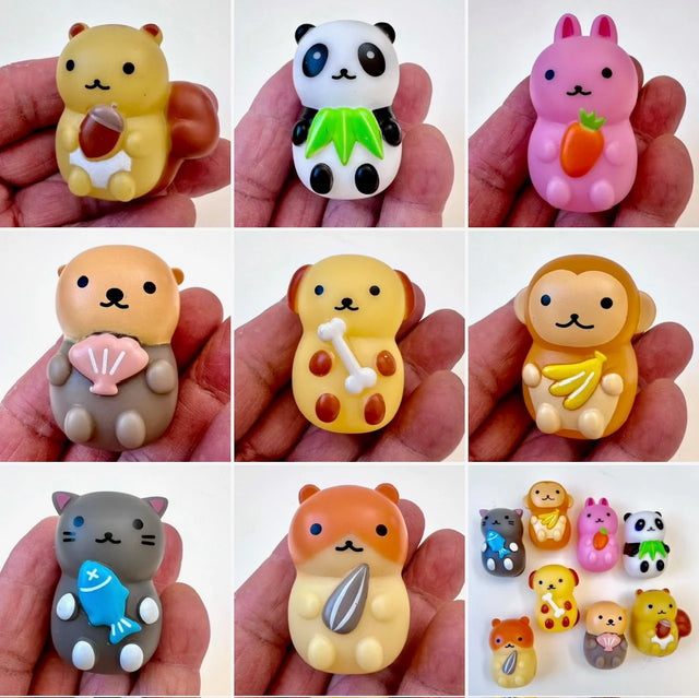 Animal Snack Time Figurine showing cute small animal figures holding their snacks, made by Sanyodo Japan.