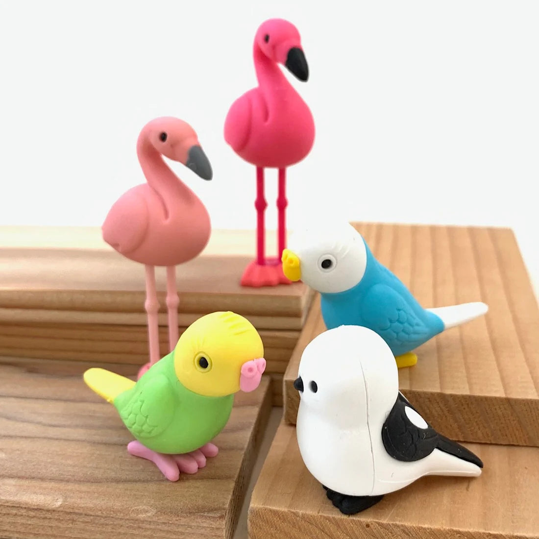 Japanese Eraser Bird set featuring adorable mix-and-match bird erasers in assorted styles for kids ages 3 and up