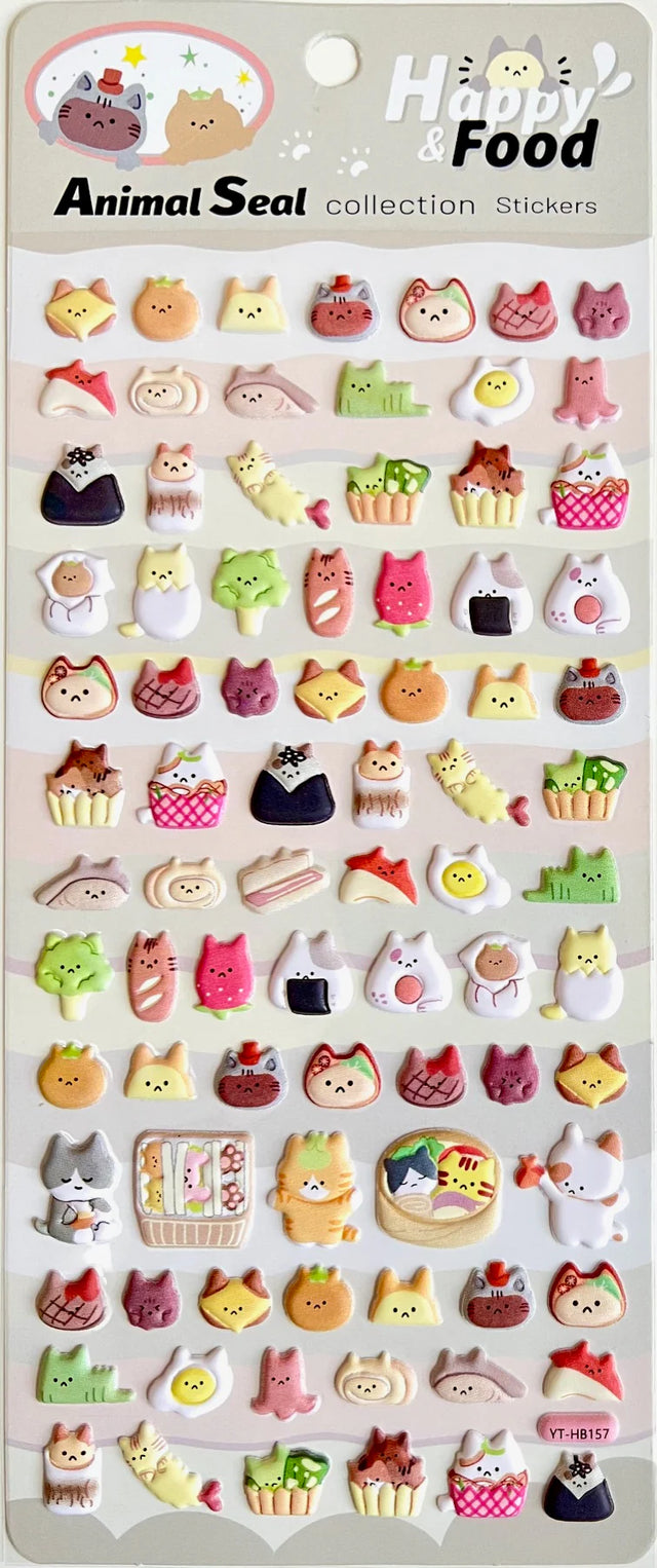Cat Food Puffy Stickers sheet with colorful, cute animal designs for notes, letters, and planners.
