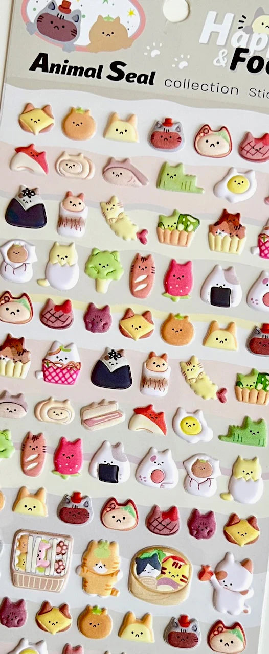 Cat Food Puffy Stickers featuring colorful and cute cat designs for decorating notes, letters, and planners.