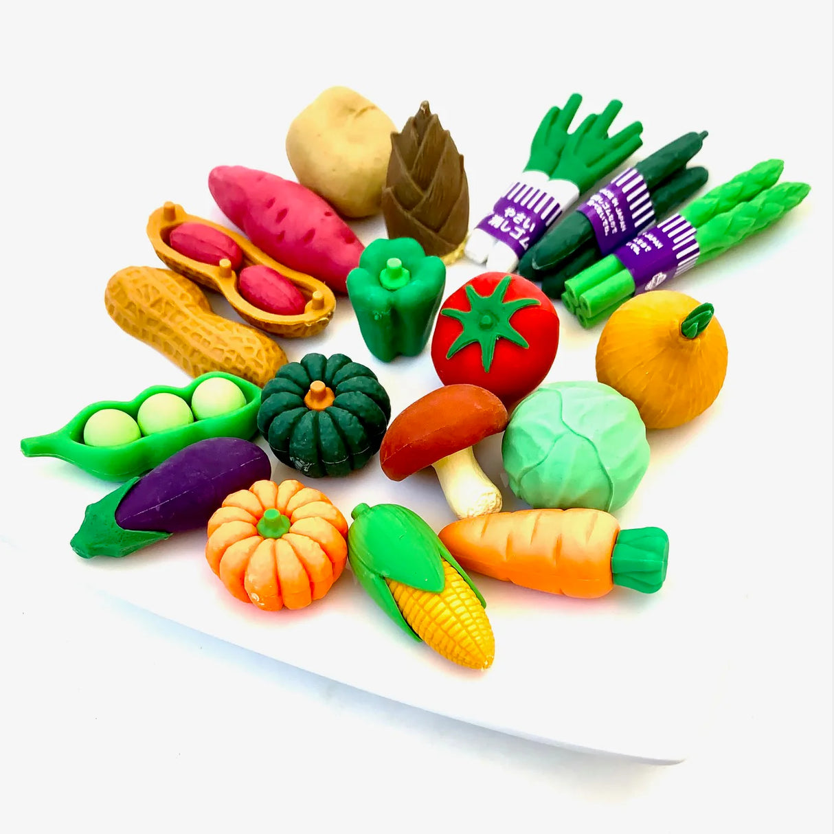 Japanese Eraser Vegetable set featuring cute assorted mini erasers shaped like various colorful vegetables from Iwako Japan.