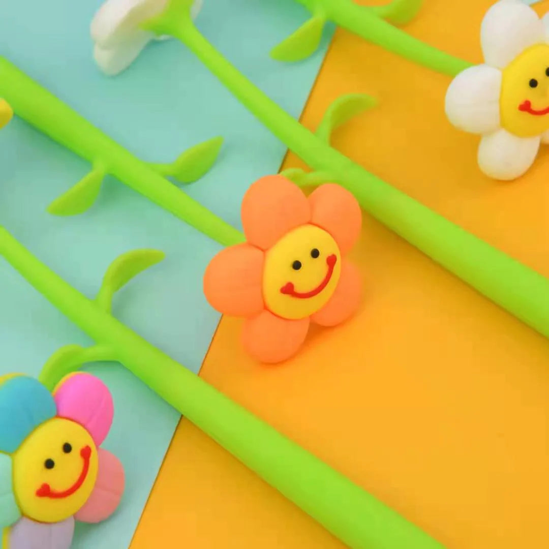 Smile Flower Wiggle Gel Pen with colorful happy flower tops and green stems, ultra fine 0.5mm black gel ink design.